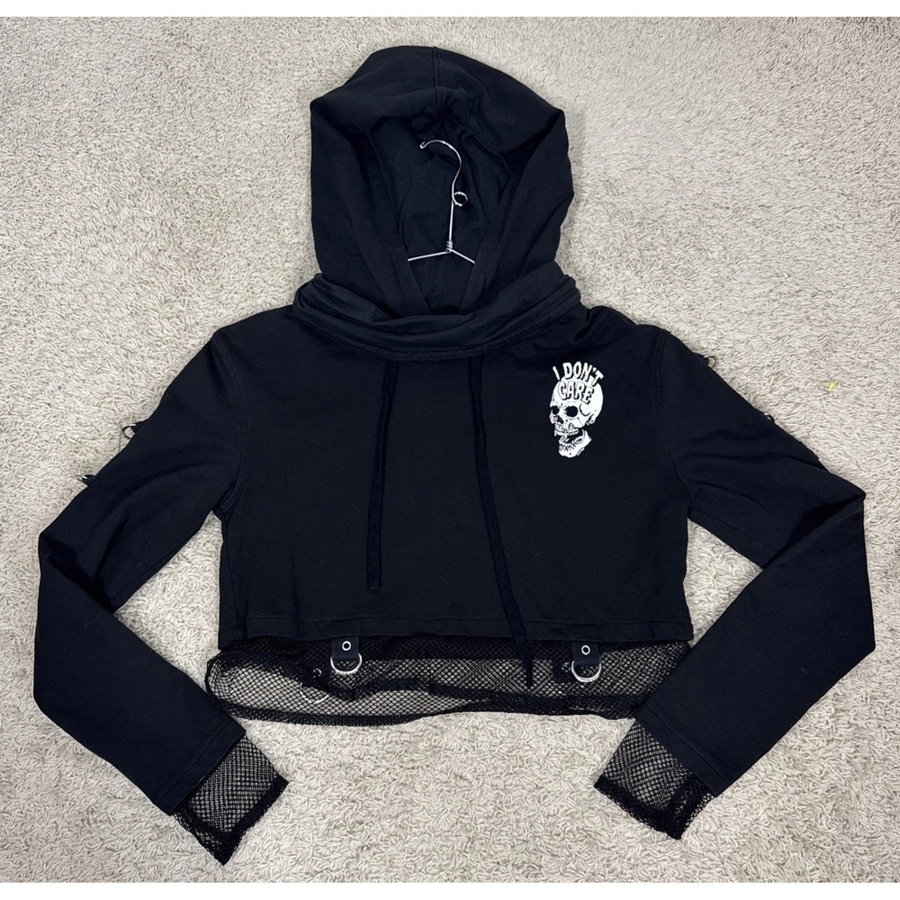 Killstar Black Long Sleeve Cropped I Don't Care Hoodie Womens XS Goth Emo Witchy - Picture 1 of 11